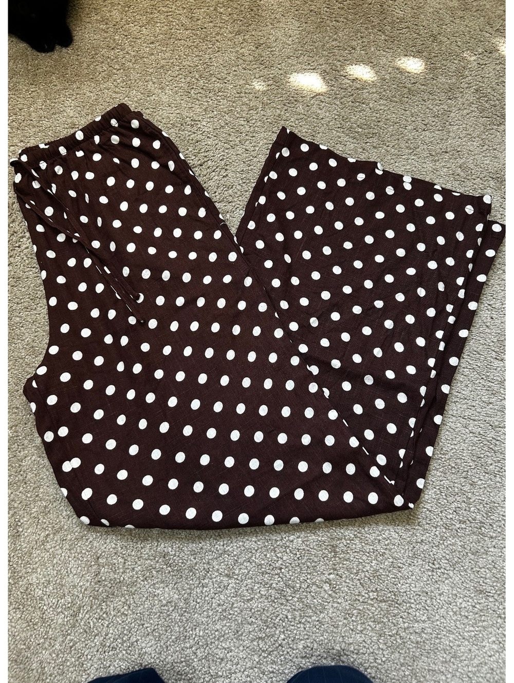 Women's Brown Polka Dot Elastic Waistband Pants, Relaxed Fit, Size Medium